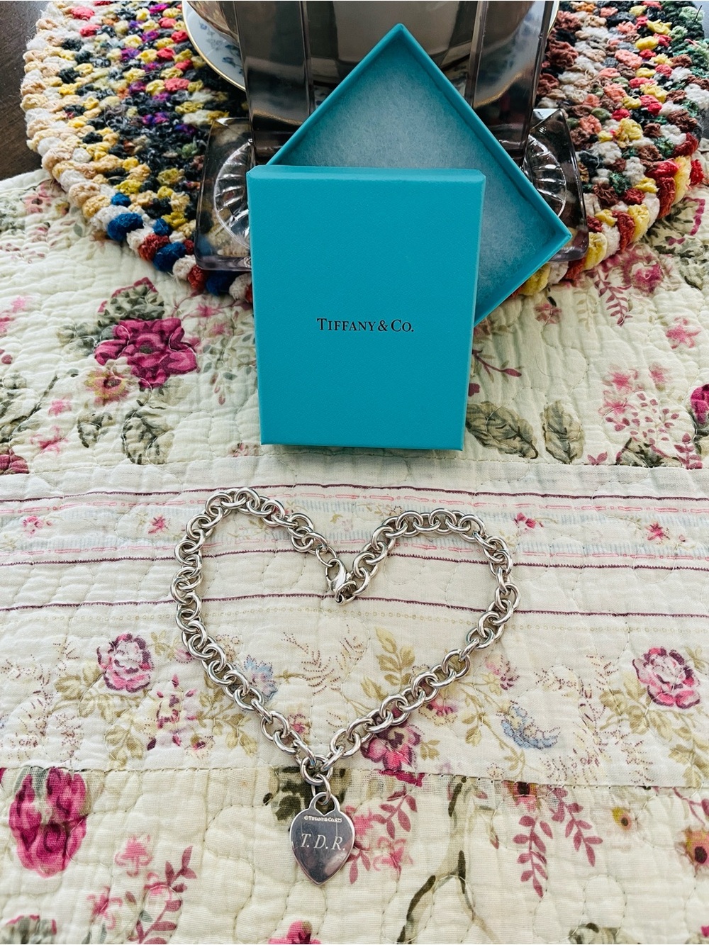 Tiffany & Co. Silver Heart Tag Cable Link Necklace with Blue Box. Engraved.